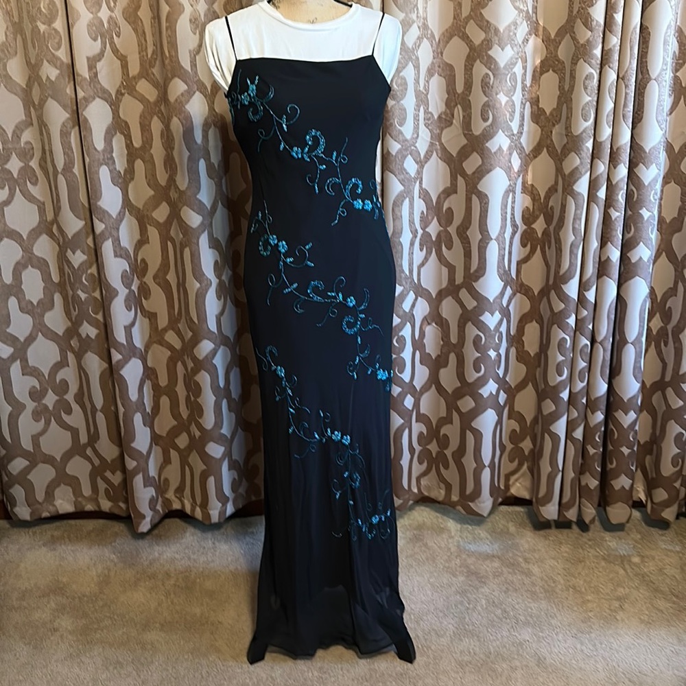 Full length black dress with blue beading